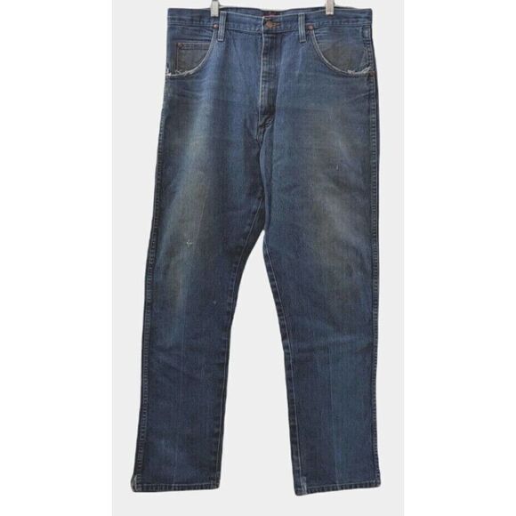 Wrangler 31MWZDN 38x34 Distressed Relaxed Fit Denim Blue Jeans 100% Cotton 12 - Picture 1 of 9